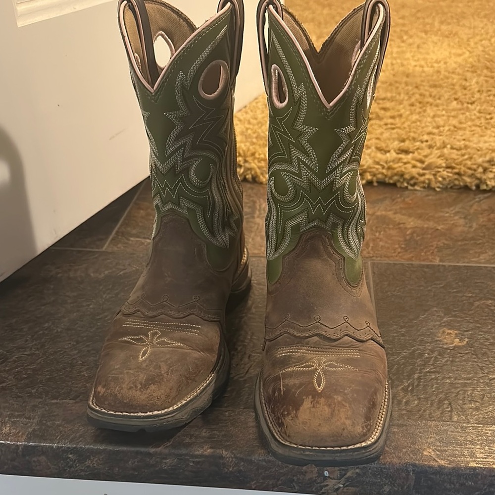 Durango Brown and Green Ankle Booties with Western Stitching